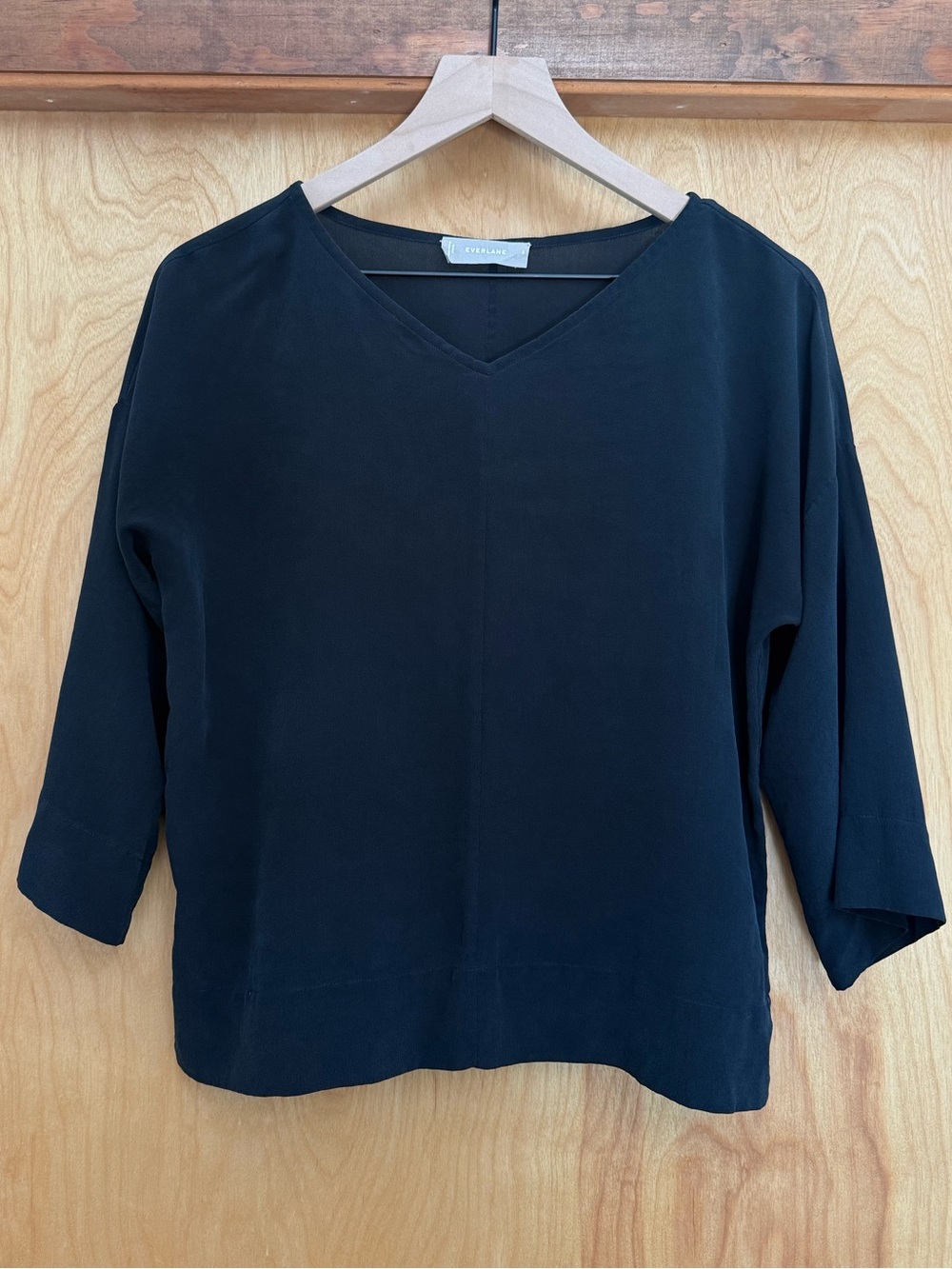XS Everlane 100% Silk Blouse Subtle V-Neck 3/4 Sleeves Relaxed Fit Minimalist